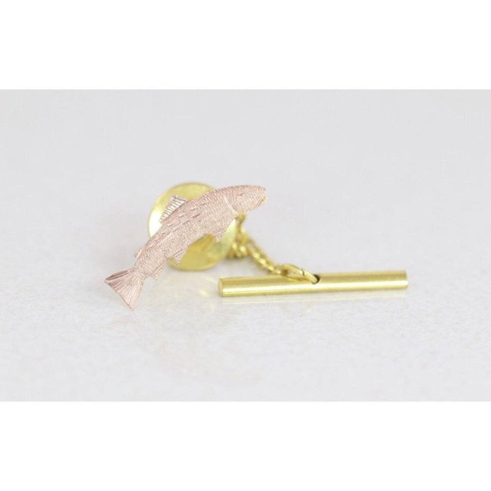 Mens 10k Rose Gold Fish Tie Tack Pin Lapel Pin Rainbow Trout Bass Salmon - Picture 4 of 7